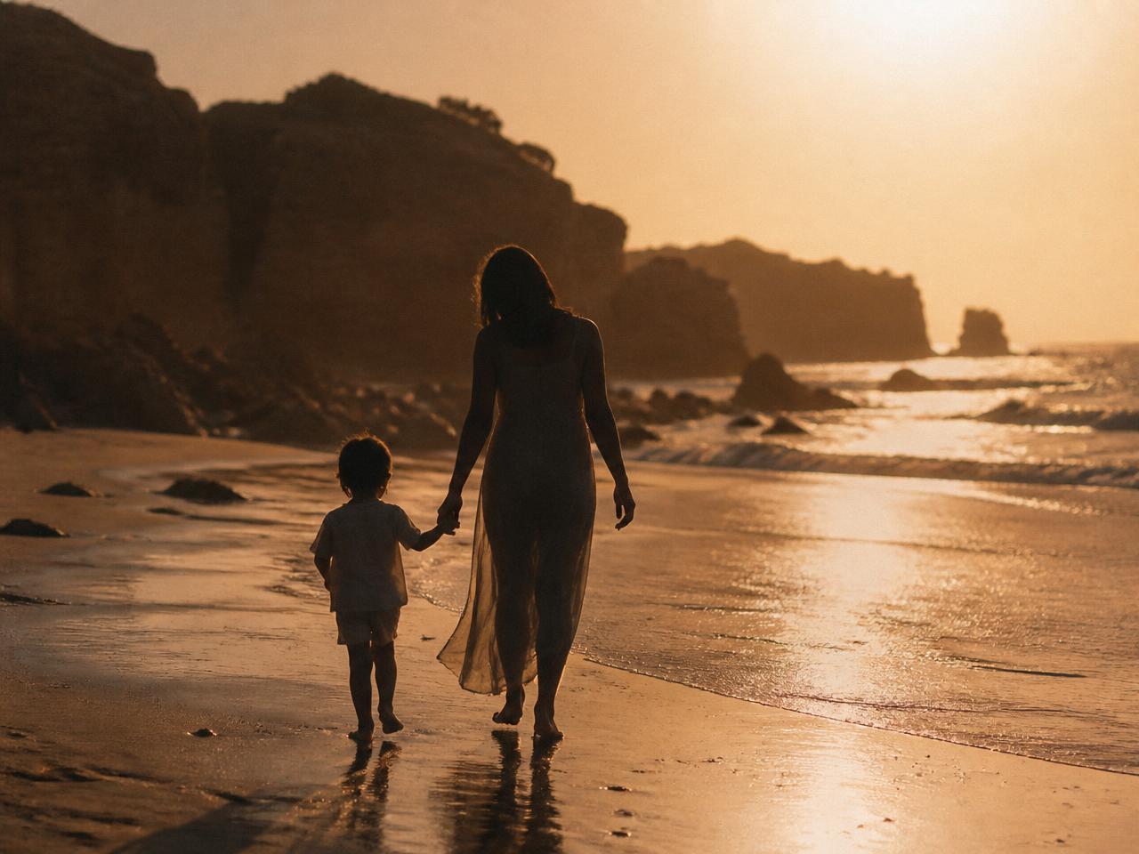 A parent and child walking a quiet Portuguese beach at sunset